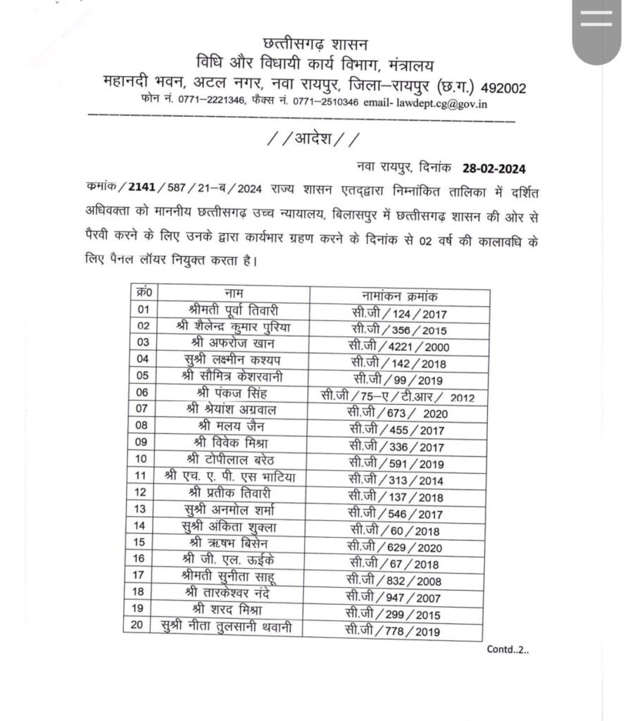 IMG 20240229 214713 राज्य शासन द्वारा बिलासपुर उच्च न्यायालय में 79 पैनल अधिवक्ताओं की नियुक्ति, देखिए सूची