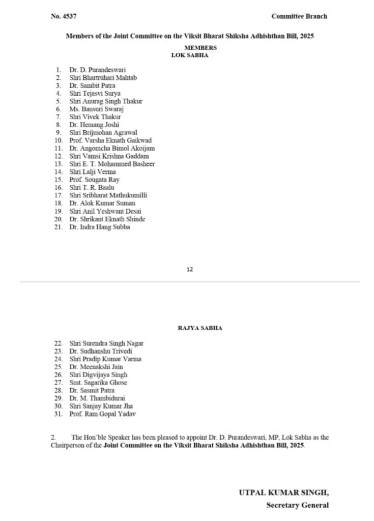 1006756068 विकसित भारत शिक्षा अधिष्ठान विधेयक, 2025’ पर गठित JPC में सांसद बृजमोहन अग्रवाल