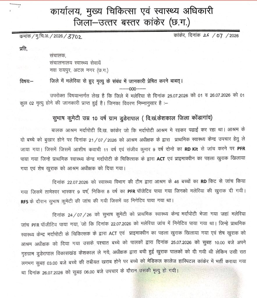 1008673788 मलेरिया के विरुद्ध सतर्क स्वास्थ्य अमला: कांकेर में जांच, उपचार और निगरानी लगातार जारी