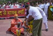 IMG 1416 चंदा चोरी के मुद्दे पर विपक्ष का अनोखा प्रदर्शन, संसद परिसर में किया नुक्कड़ नाटक